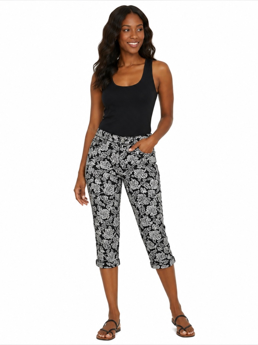 Nine West Black White Floral Print Cuffed Capri Pants Size 10